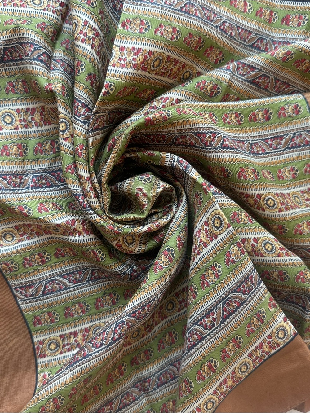 Liberty Of London Silk Scarf Square Gold Green Paisley Stripe 23” Retro Hippie